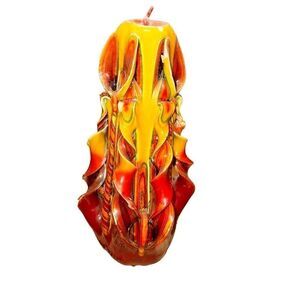 VINTAGE HAND CARVED CANDLE *RARE UNLIT layered 1970 yellow orange twirl fire